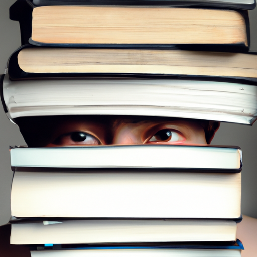 תצלום של אדם מסתכל בערימה של ספרי לימוד, מחפש משהו.