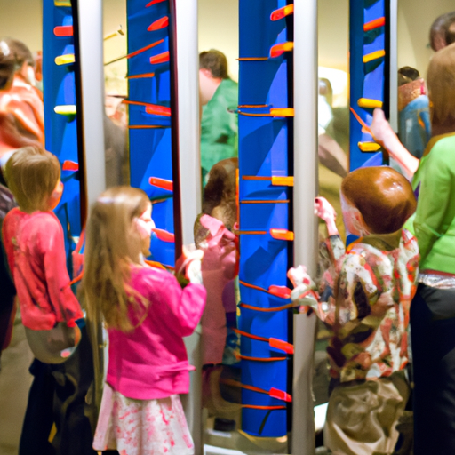 קבוצת ילדים העוסקת בתערוכה אינטראקטיבית במוזיאון