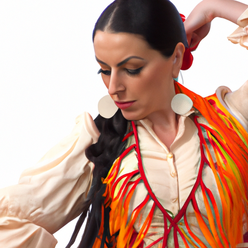רקדנית פלמנקו בלבוש מסורתי, פניה מביעות רגש עז.