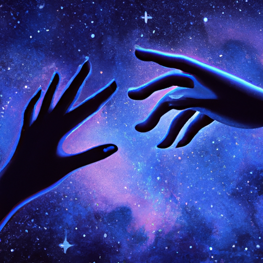 איור יפהפה של שמים זרועי כוכבים עם שתי ידיים מושטות זו לזו, המסמל התאמה אסטרולוגית.