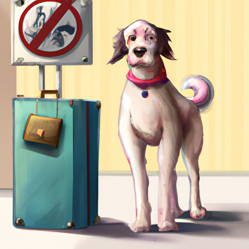 1. כלב ולצדו מזוודה, מסתכל על שלט 'אסור כלבים' עם הבעה מבולבלת